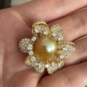 Gold South Sea Pearl Brooch, Gold Pearl Flower Pin, Elegant Gift for Mom